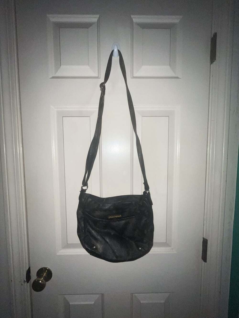Enzo Angiolini Black Faux Leather Crossbody Hip Purse Bag Gold Zippers